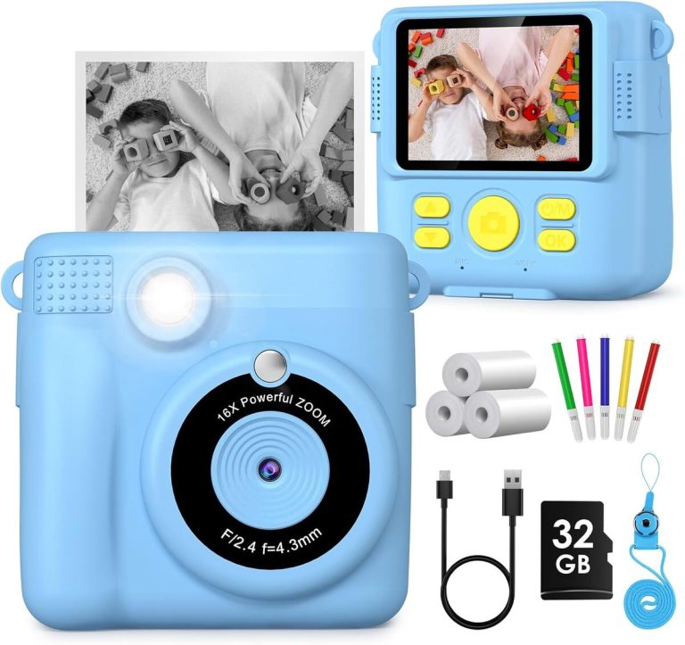 A255 Appareil Photo Enfant Avec Cartouche 32GB Appareil Photo Instantané Enfant A255 – Impression Sans Encre, 32GB, 4 Rouleaux, Vidéo 1080P, Jeux Intégrés, Bleu