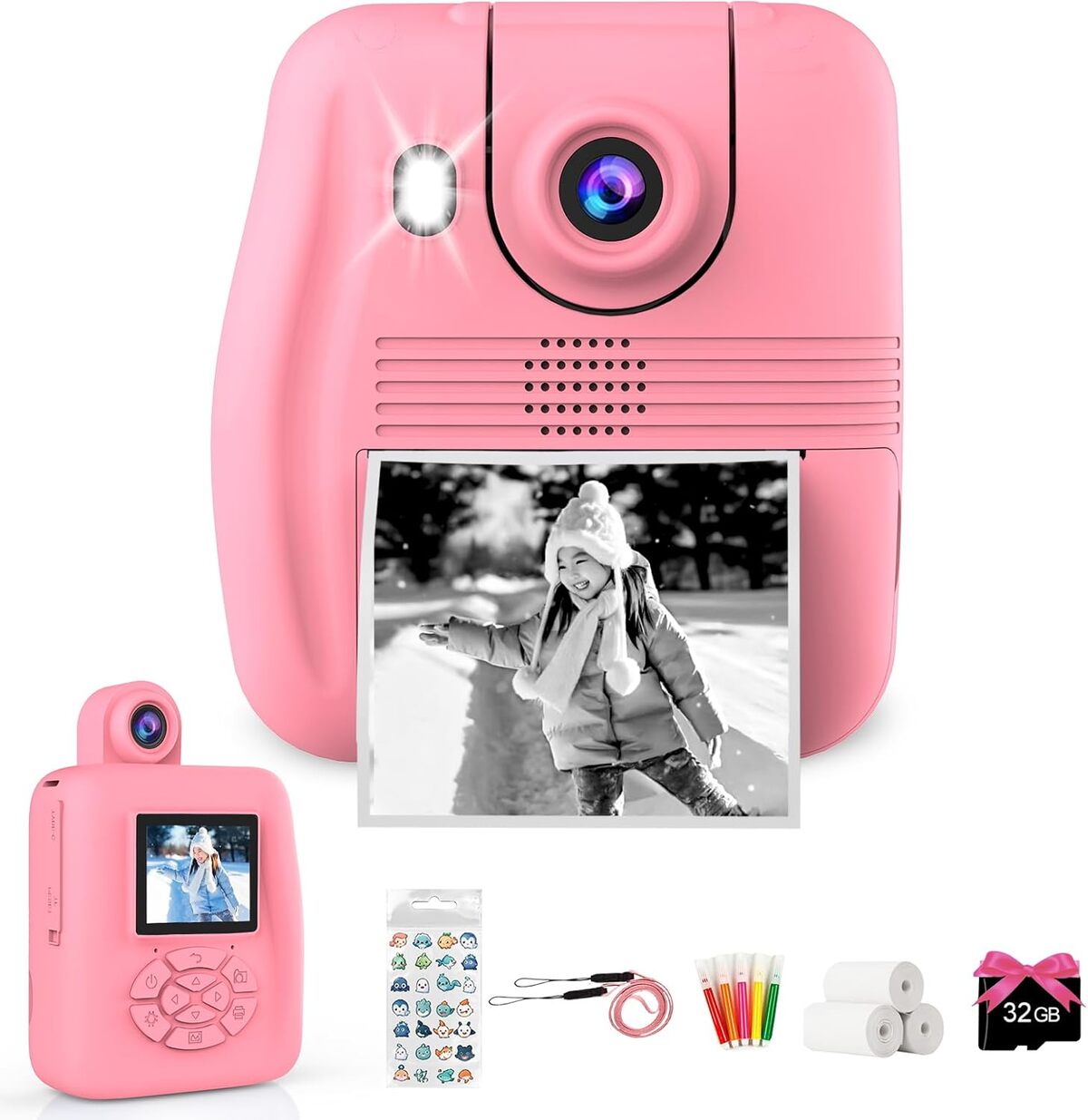 Appareil Photo Instantané Pour Enfants - Imprime En Noir Et Blanc, écran 2.4", 32 Go, Cadeau 4-12 Ans