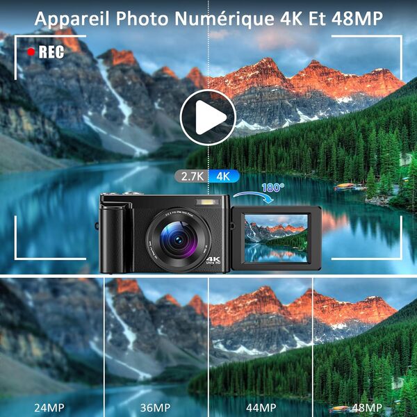 Appareil Photo Numérique 4K 48MP Autofocus Appareils Photo Numériques avec Écran Rabattable à 180° De 3