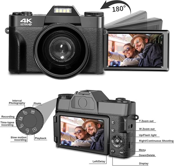 CCN Appareil Photo numérique 4K 48MP, avec 180° Flip 3.0