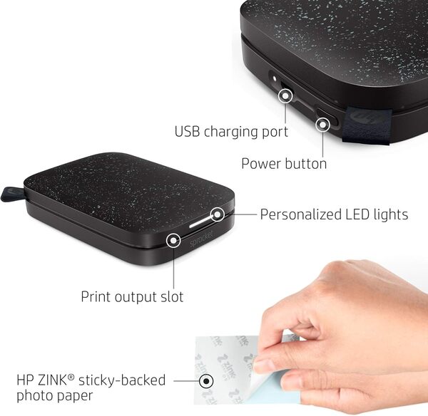 HP Sprocket Imprimante Photo Instantanée Portable 5x7,6 cm (Noir) Imprimez des Images sur du Papier Collant ZINK à partir de vos Appareils IOS et Android