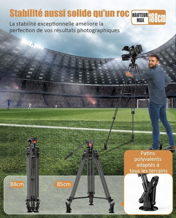 CAMBOFOTO Trépied vidéo 188 cm avec tête Fluide à 360°, trépied Professionnel en Aluminium à Usage intensif pour appareils Photo et caméscopes Canon Nikon (Poids 4,1 kg, Charge maximale 9 kg)