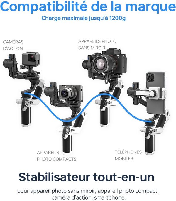 Feiyu SCORP Mini 2 [Officiel] Stabilisateur 4 en 1,Stabilisateur pour Appareil Photo sans Miroir/GoPro/Smartphones,Gimbal3 Axes avec Suivi IA,Montage Vertical,1.3IN Écran Tactile,Poignée Intégrée