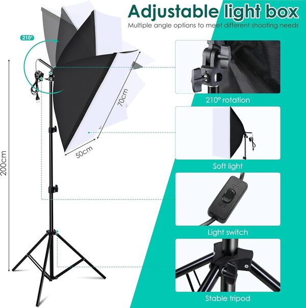 Kit Studio Photo Clevich, 2,6m x 3m Système de Support de Toile de Fond avec LED Parapluie Softbox 5 en 1 Réflecteur, Set pour Studio Photo Professionnel pour Portrait et Photographie Vidéo