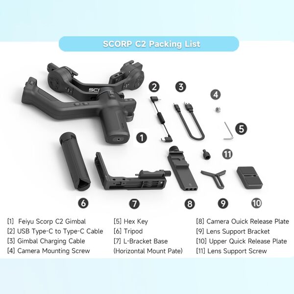FeiyuTech SCORP-C2 Stabilisateur à Gimbal pour Appareils Photo Reflex, avec Suivi IA Intégré, Prise de Vue Verticale Native, Charge Utile de 3,5kg/7,72 LB pour Canon/Sony/Panasonic/Nikon/Fujifilm