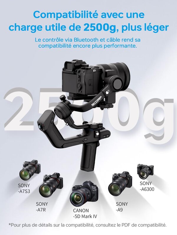 Stabilisateur Appareil Photo-Feiyutech SCORP 2 [Officiel],avec Suivi IA intégré,Stabilisateur de caméra léger à 3 Axes,Charge utile de 2,5KG,Prise de Vue Verticale Native,Contrôle Bluetooth/câble