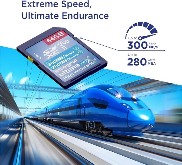 Integral 64 GB 2-Pack Carte SD UHS-II V90 Jusqu'à 300 Mo/s en Lecture et 280 Mo/s en écriture 1866X SDHC Carte Mémoire Professionnelle Haute Vitesse