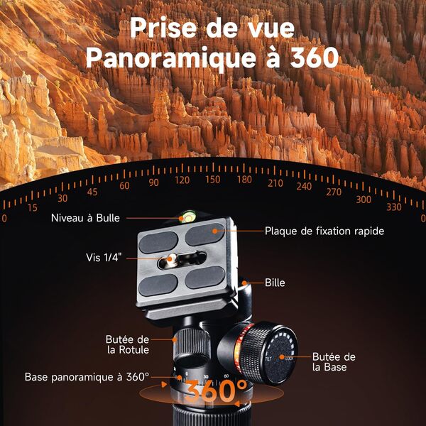 Rollei C6i Trepied Appareil Photo Noir, 172cm Trépied de Voyage en Carbone Portable avec Tête Sphérique 360° Trépied Caméra pour Sony Canon Nikon DSLR Trepied Smartphone avec Téléphone Support