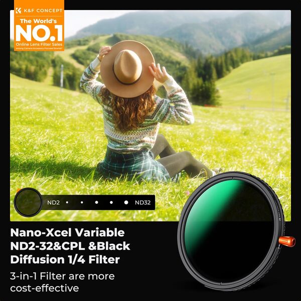 K&F Concept Filtre 95mm ND2-32 Variable et Polarisant CPL et Black-Mist 1/4 3 en 1 pour Objectif Appareil Photo HD Étanche Anti-Rayures Nano-X Série Un Filtre avec 3 Fonctions