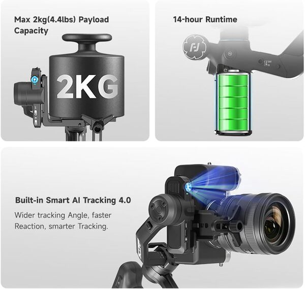 FeiyuTech SCORP Mini 3 Pro Kit stabilisateur de caméra à 3 axes, IA intégrée, portable tout-en-un pour appareil photo sans miroir, caméra d'action, téléphone, charge utile 2 kg