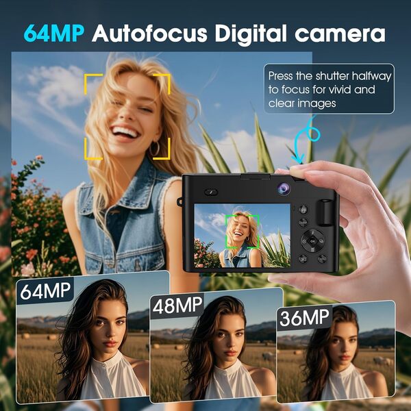 Appareil Photo Numérique,Bofypoo 64MP Autofocus Vlogging Caméra avec Double Caméra Avant et Arrière 32G Carte Mémoire,Camera Vlog avec Zoom Numérique 16X pour Les Débutants (Noir)
