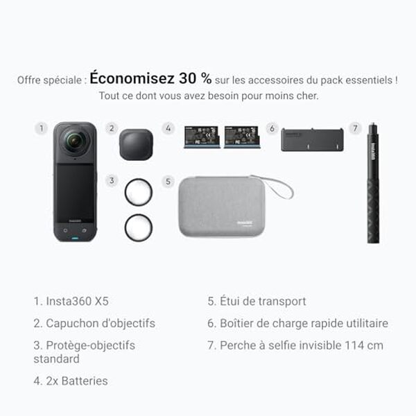 Découvrez notre test détaillé de l'Insta360 X5 Pack Essentiels : performances 8K, qualité vidéo et accessoires inclus pour la capture d'images immersives. 