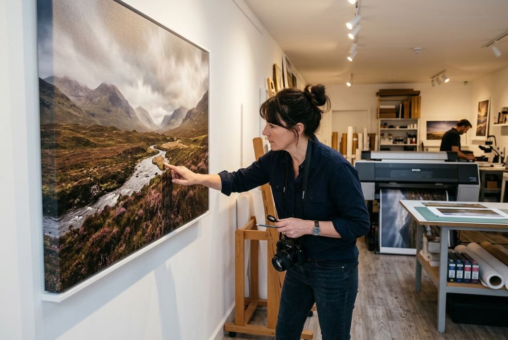 Personne examinant une immense impression photo sur toile grand format dans une galerie/atelier, pointant l’image montnée.
