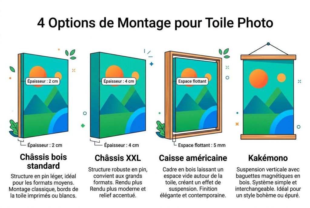 Quatre options pour montage de photo sur toile grand format: chĂ¢ssis bois standard, chĂ¢ssis XXL, caisse amĂ©ricaine et KakĂ©mono, avec dĂ©tails d’épaisseur et d’espace d’affichage.
