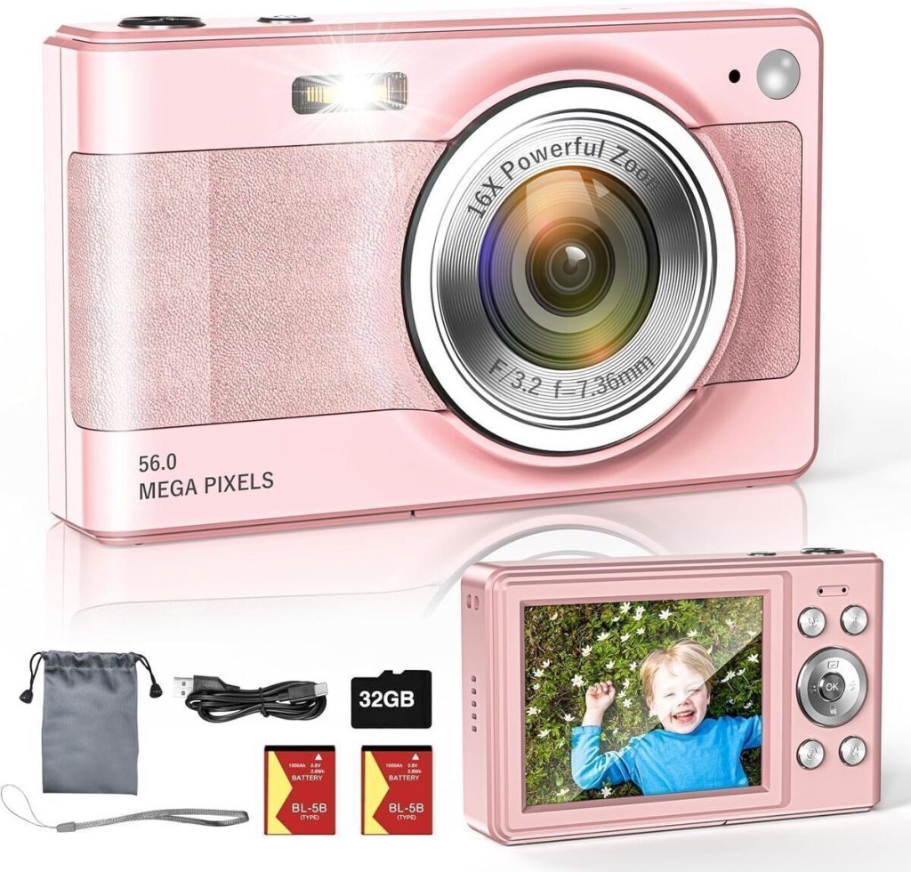 Test de l'appareil photo numérique 56 MP FHD pour enfants (rose)